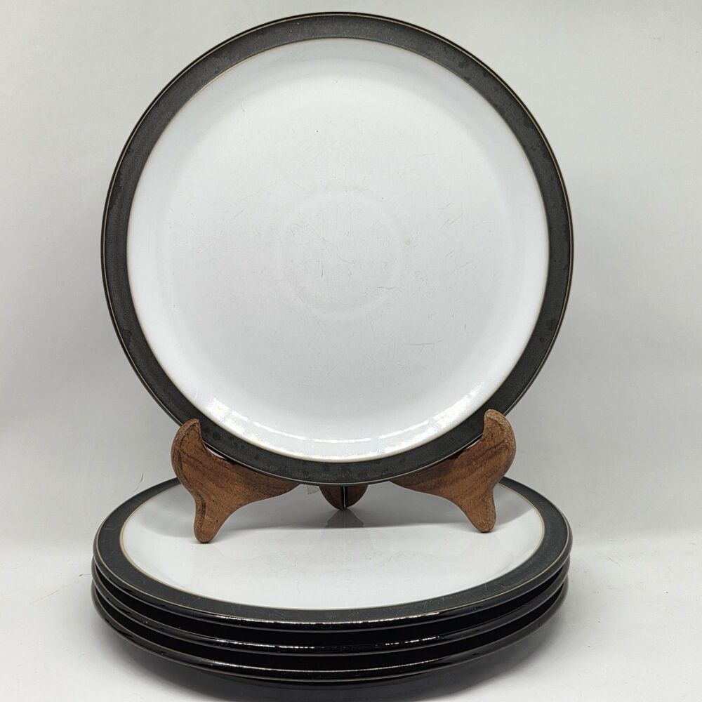 Denby Langley Jet Set Of 4 Matte Black Rimmed 10 1/4" Dinner Plates VGC